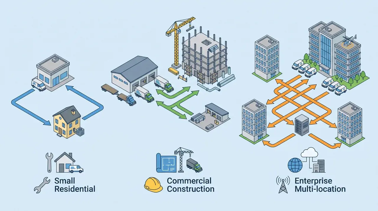 Diagram comparing small, commercial, and enterprise HVAC business types and workflows