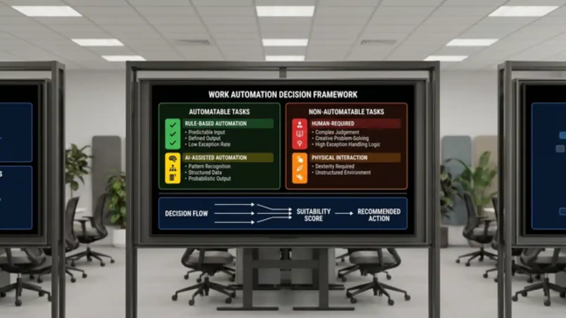 Work automation dashboard showing categories for automatable and non-automatable tasks with clear criteria panels