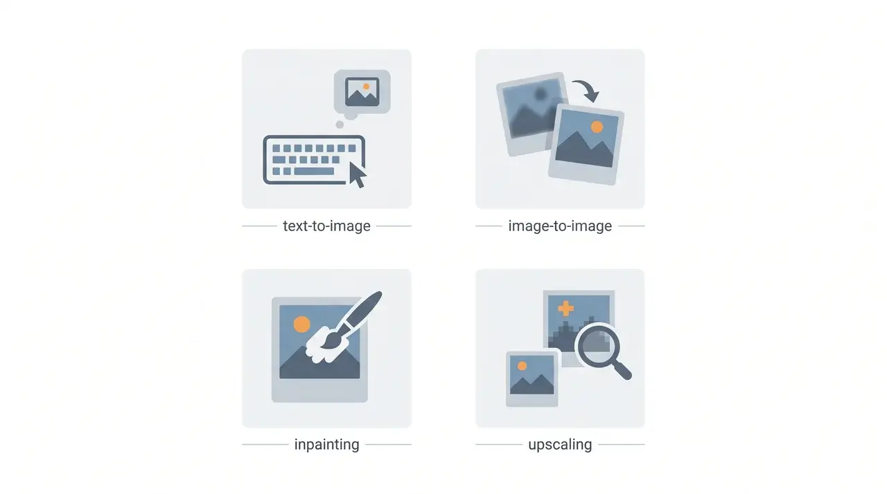 Flat illustration of four AI image generation mode icons arranged in a grid