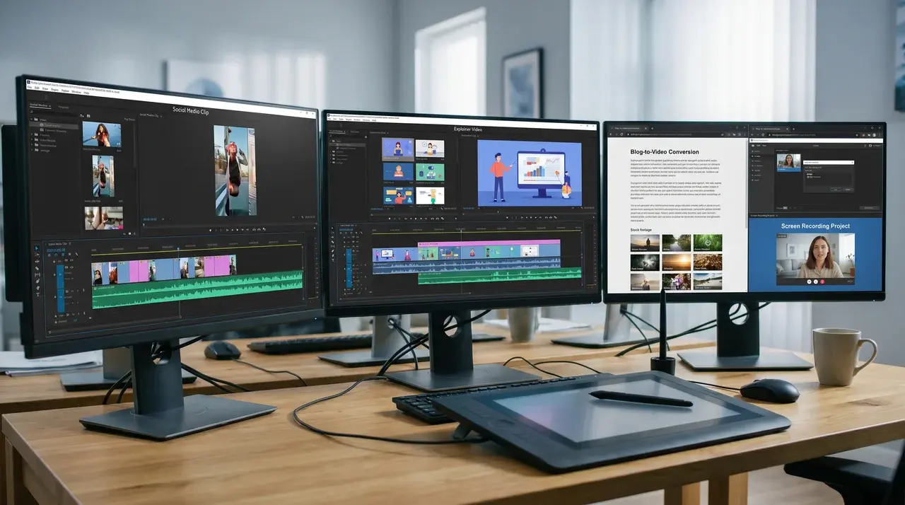 Various content formats prepared for AI video creation, including articles, scripts, and screen recordings.