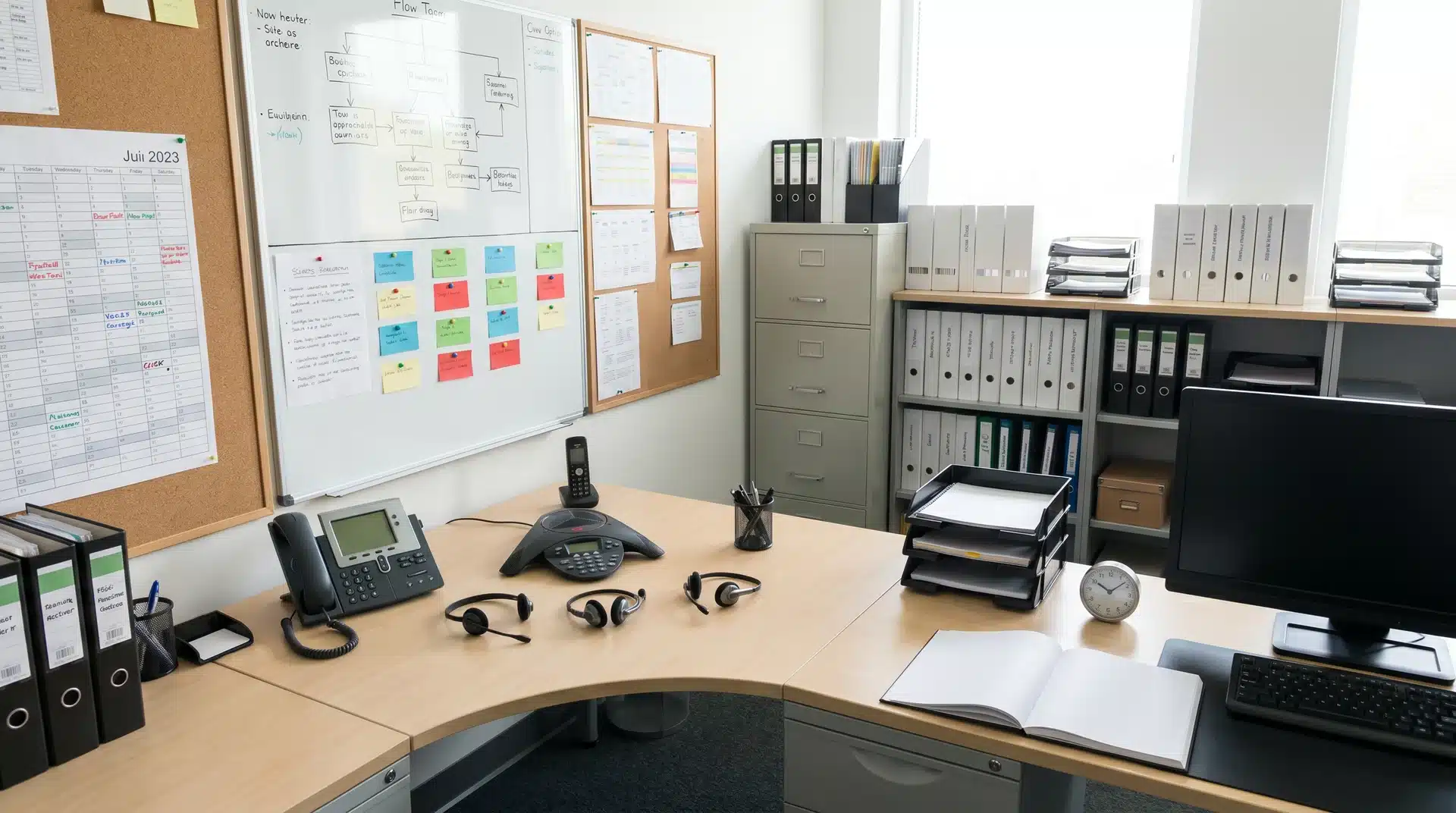 Workspace with planning materials, documents, scheduling tools, and communication equipment