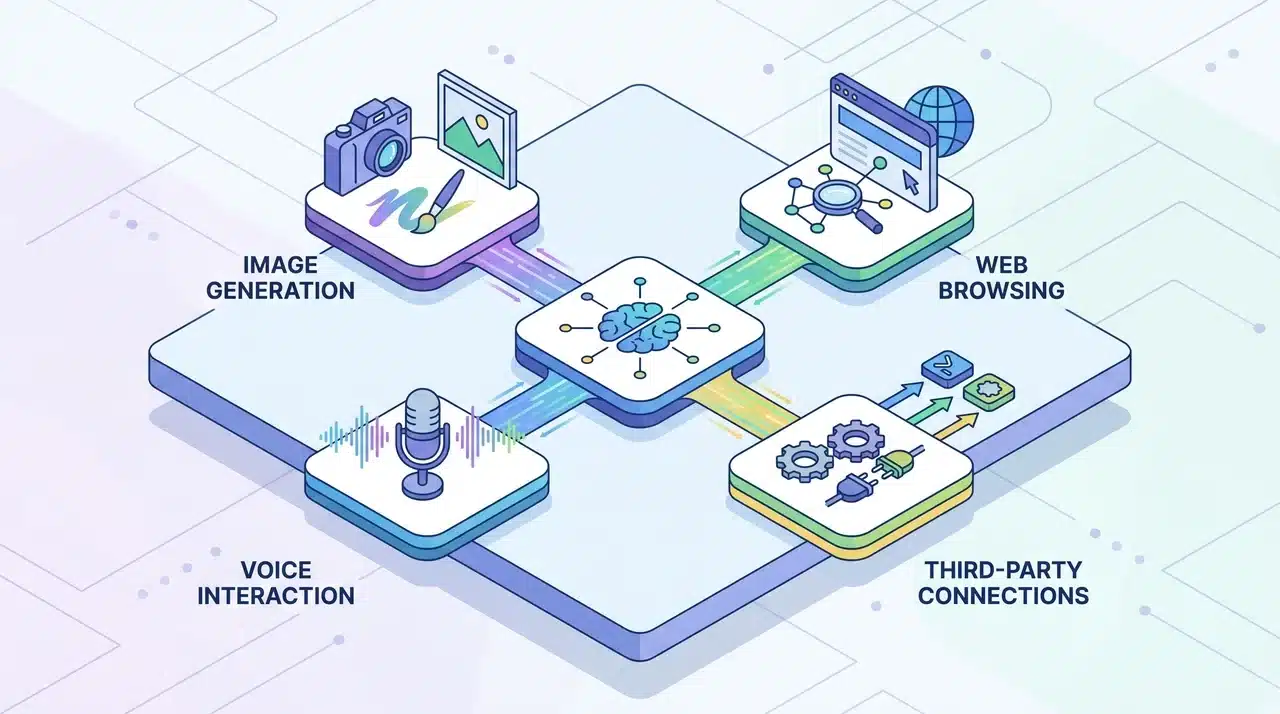 Illustration of integrated AI workflow with image, voice, and connected tools
