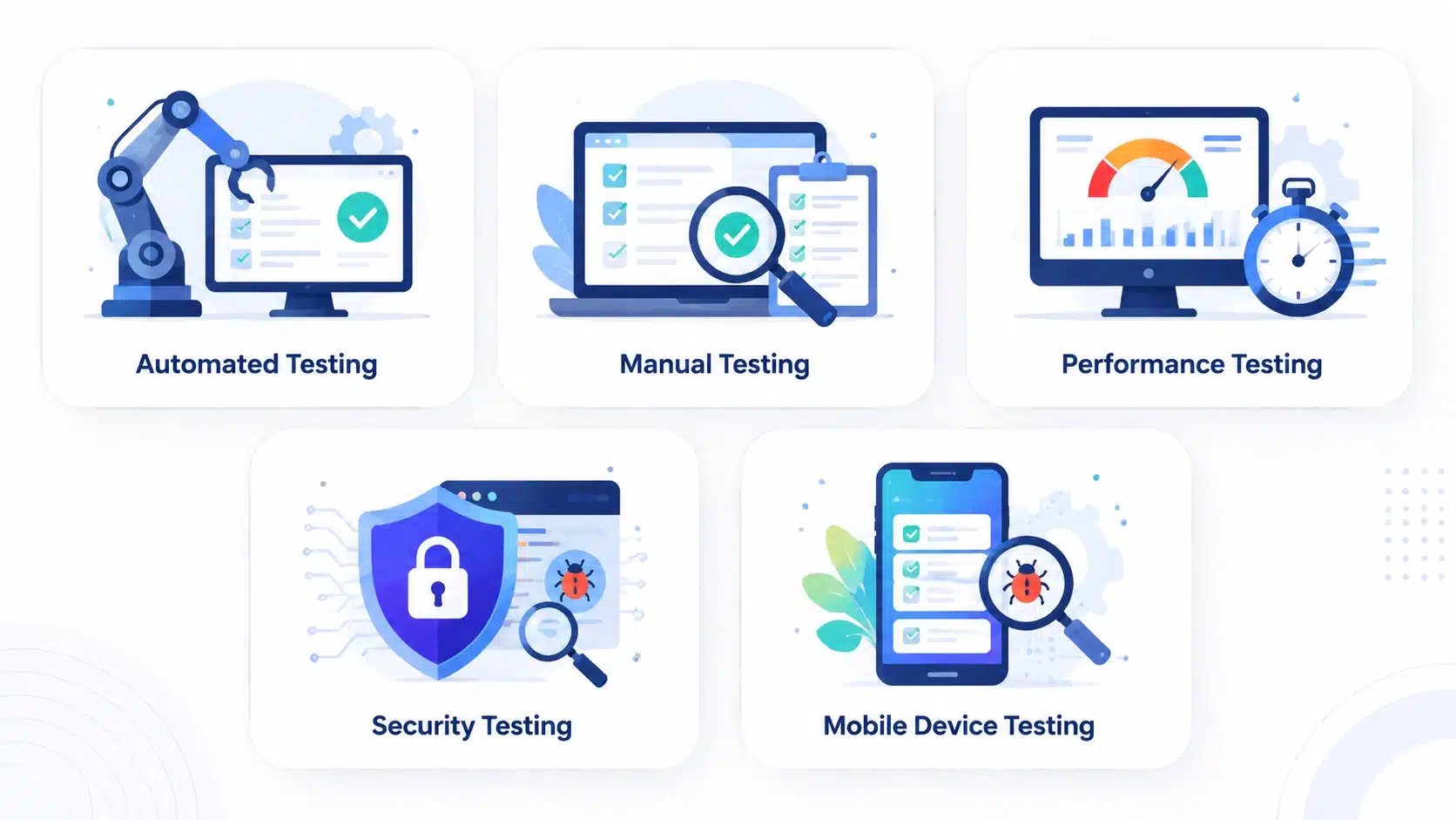 Grid of five QA service type icons covering automation, manual, performance, security, and mobile testing