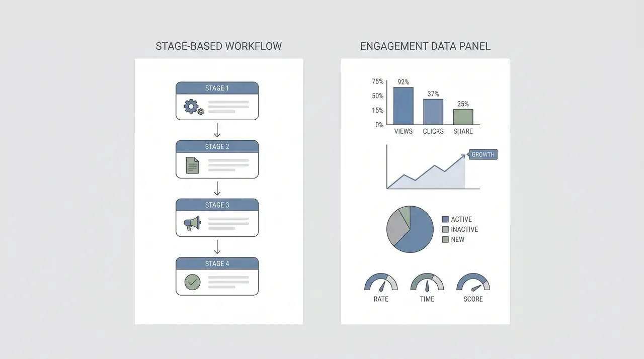 Flat illustration showing two document tracking views — a stage-based workflow and an engagement data panel