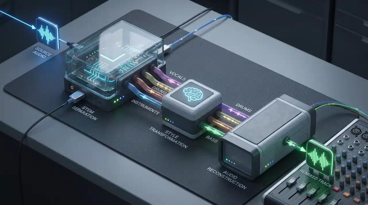 AI remix process transforming an uploaded song through stem separation and audio reconstruction.