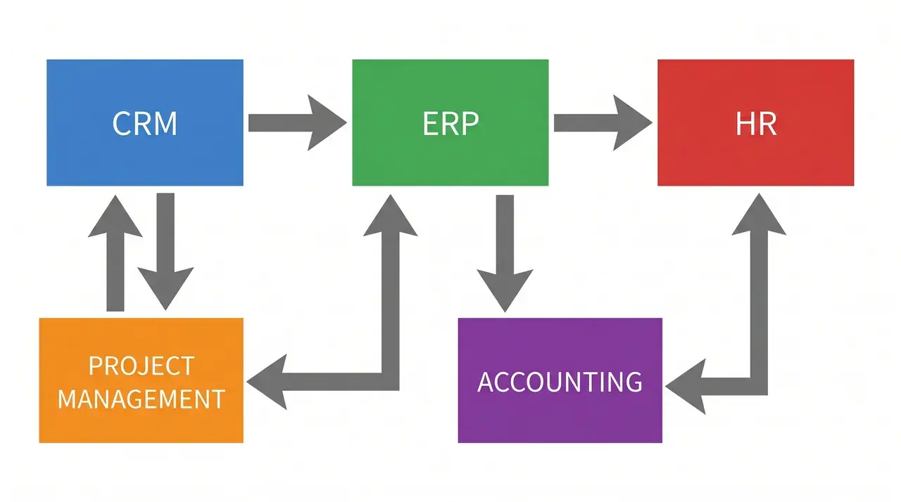 Grid diagram of five labeled software modules connected by arrows showing directional data flow between systems