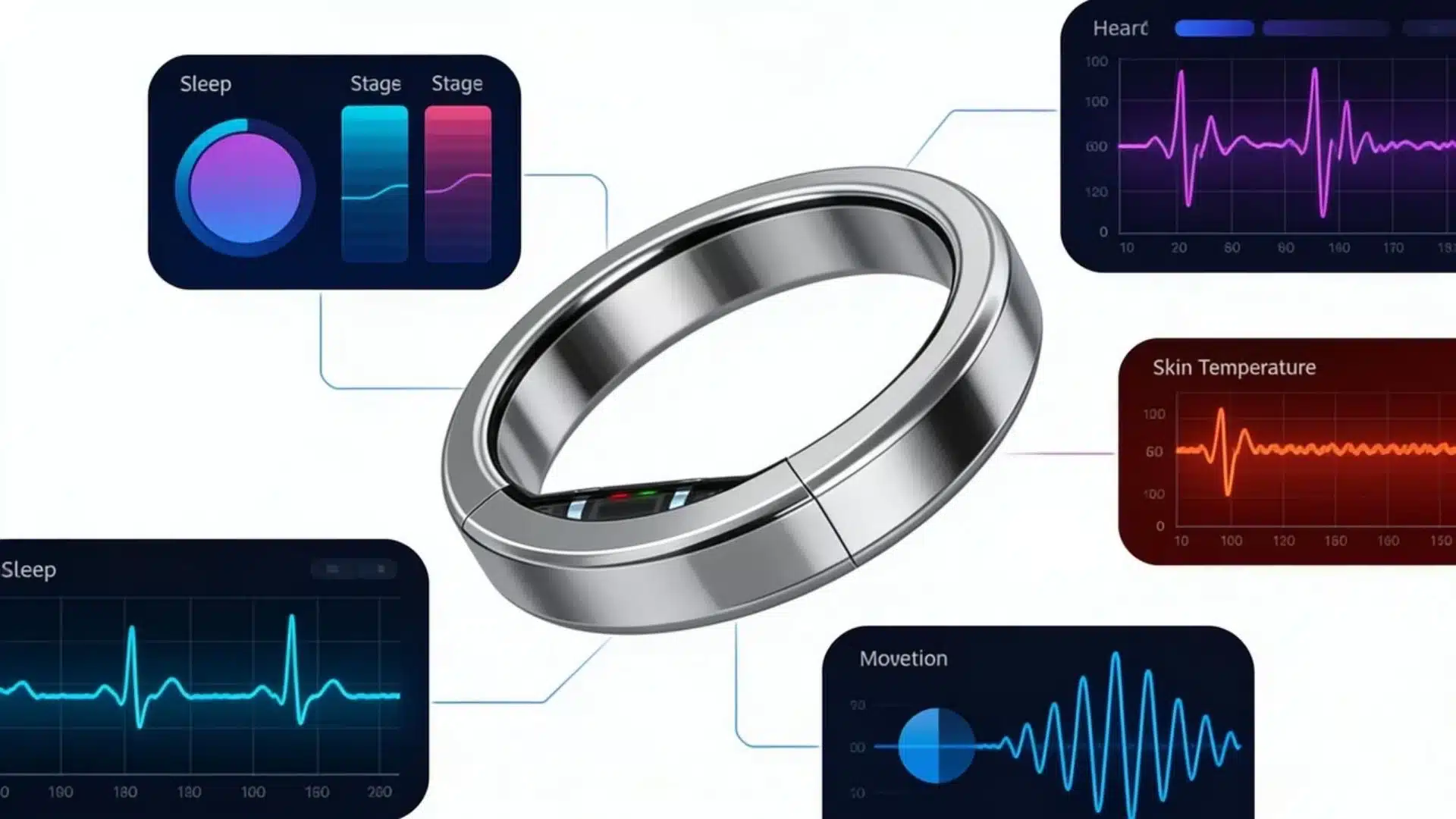 compact smart ring with biometric data streams showing sleep heart rate variability temperature and movement tracking signals