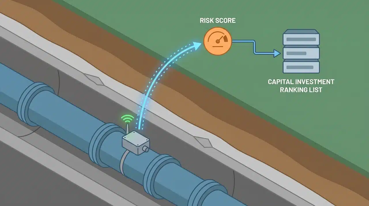 Isometric cut-away of a pipe sensor transmitting condition data through two connected output nodes above ground