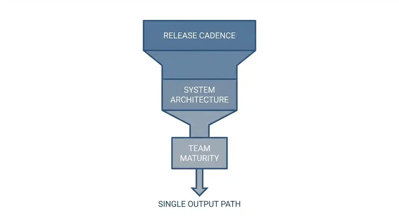 Three labeled blocks connected by a narrowing funnel representing release cadence, system architecture, and team maturity