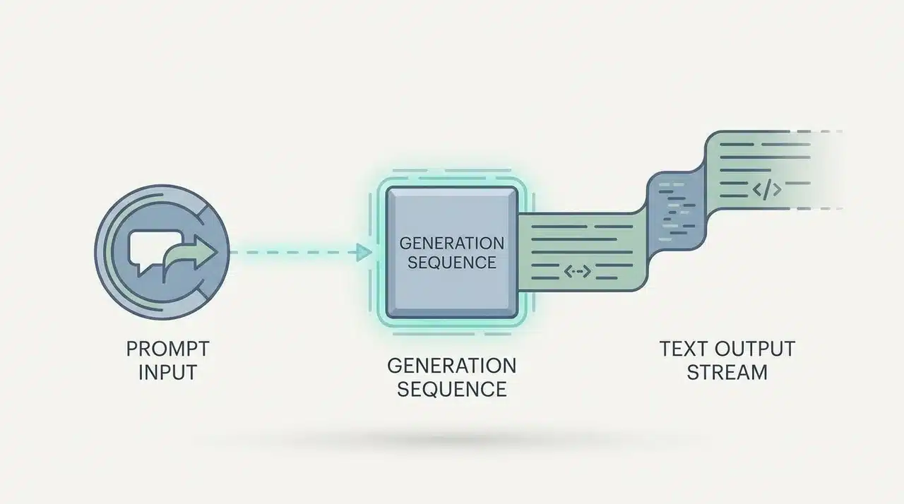 Flat illustration of a prompt input connecting to a text generation output stream, mid-process state