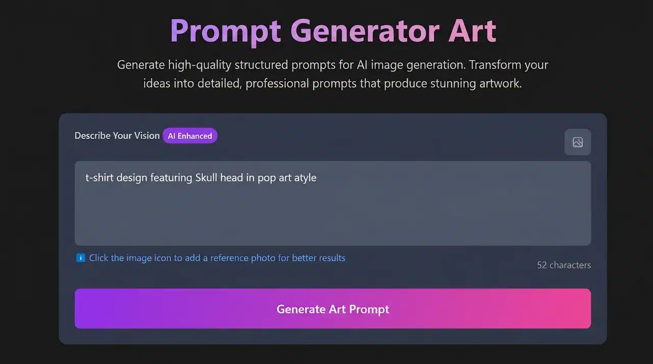 A dark-mode screenshot of an AI art prompt generator tool titled