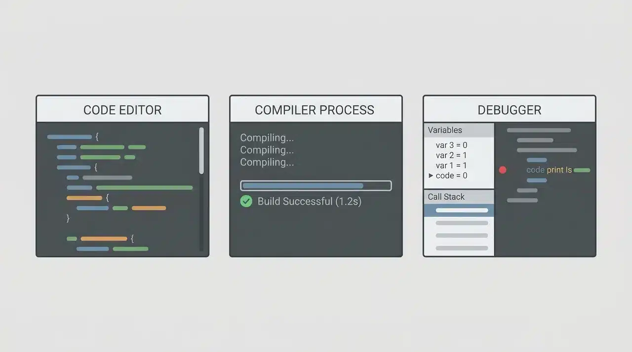 Three developer tool panels showing a code editor, compiler process, and debugger arranged side by side