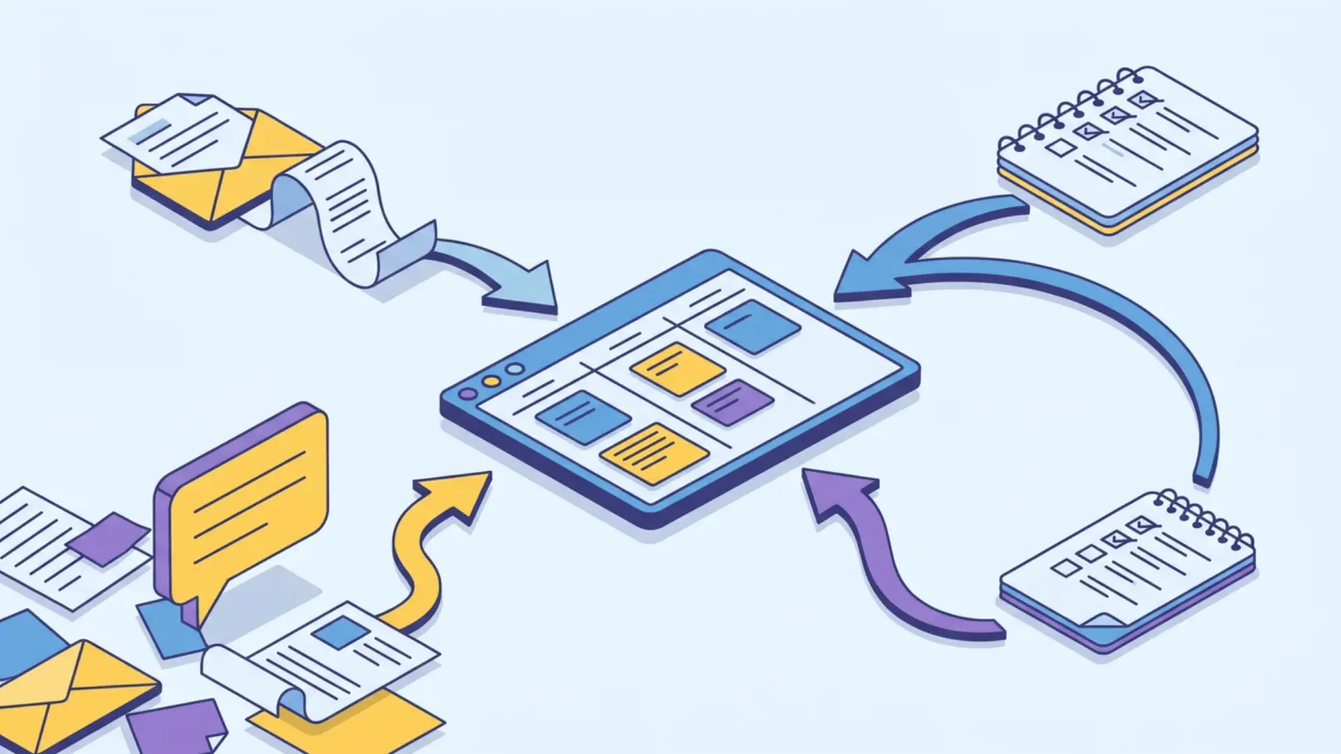 Tasks scattered across email, chat, and to-do lists converging into a single organized workspace