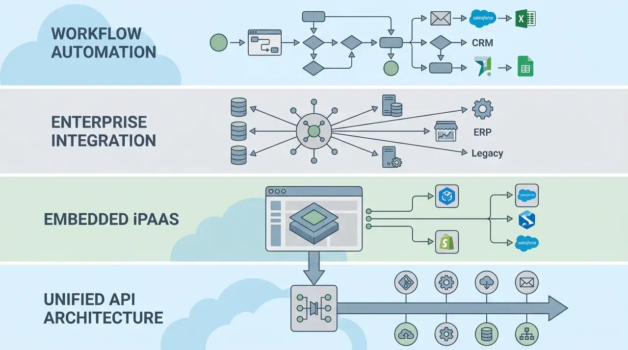 Different SaaS integration platform categories shown through connected cloud software systems