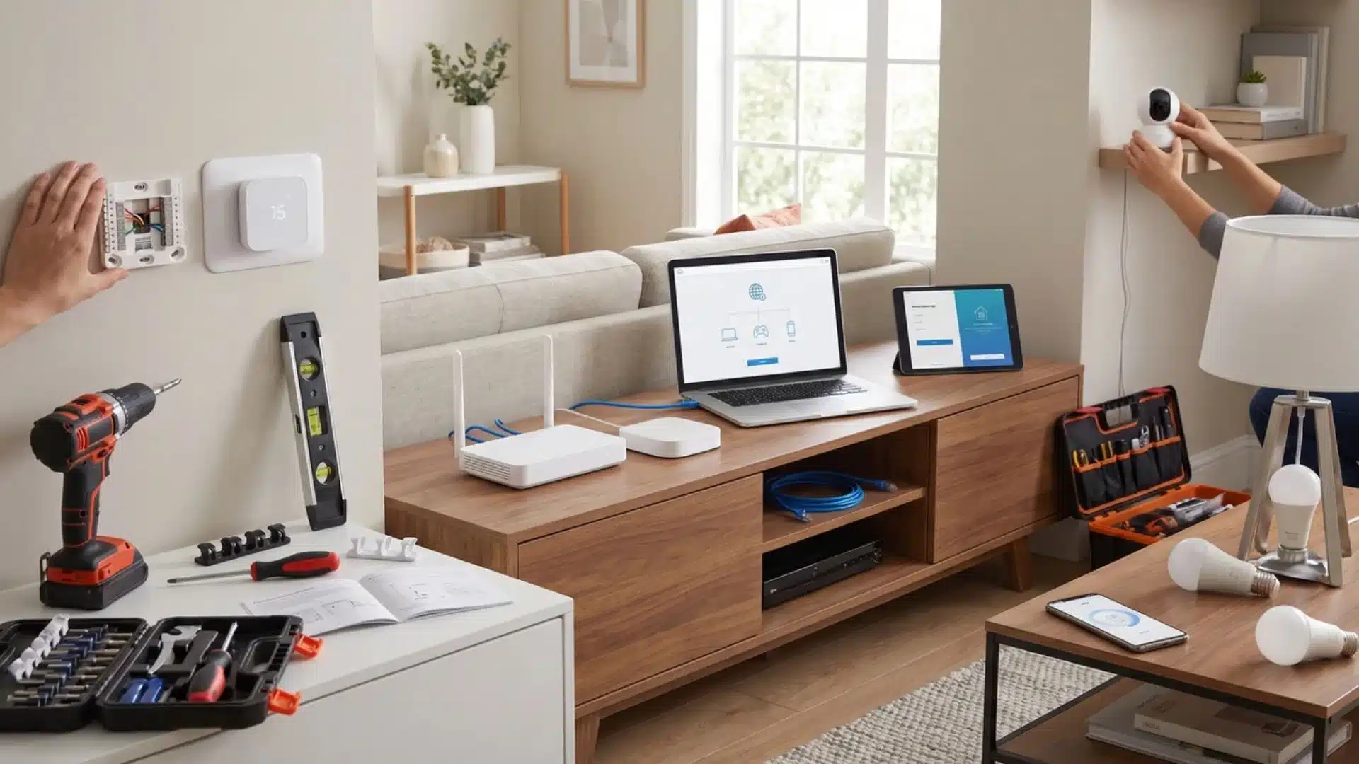 smart home devices being installed and configured within a residential setup