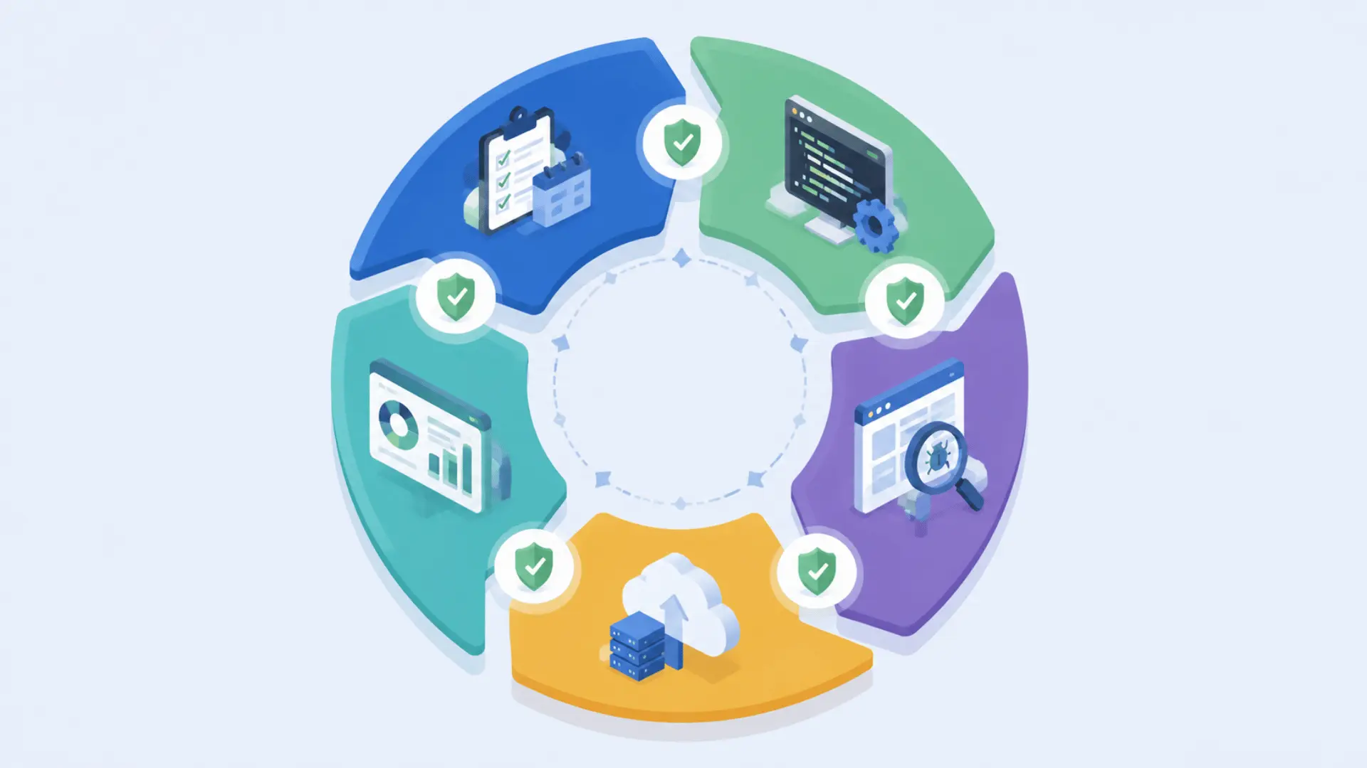 circular workflow diagram showing SDLC stages with quality checkpoints between each stage