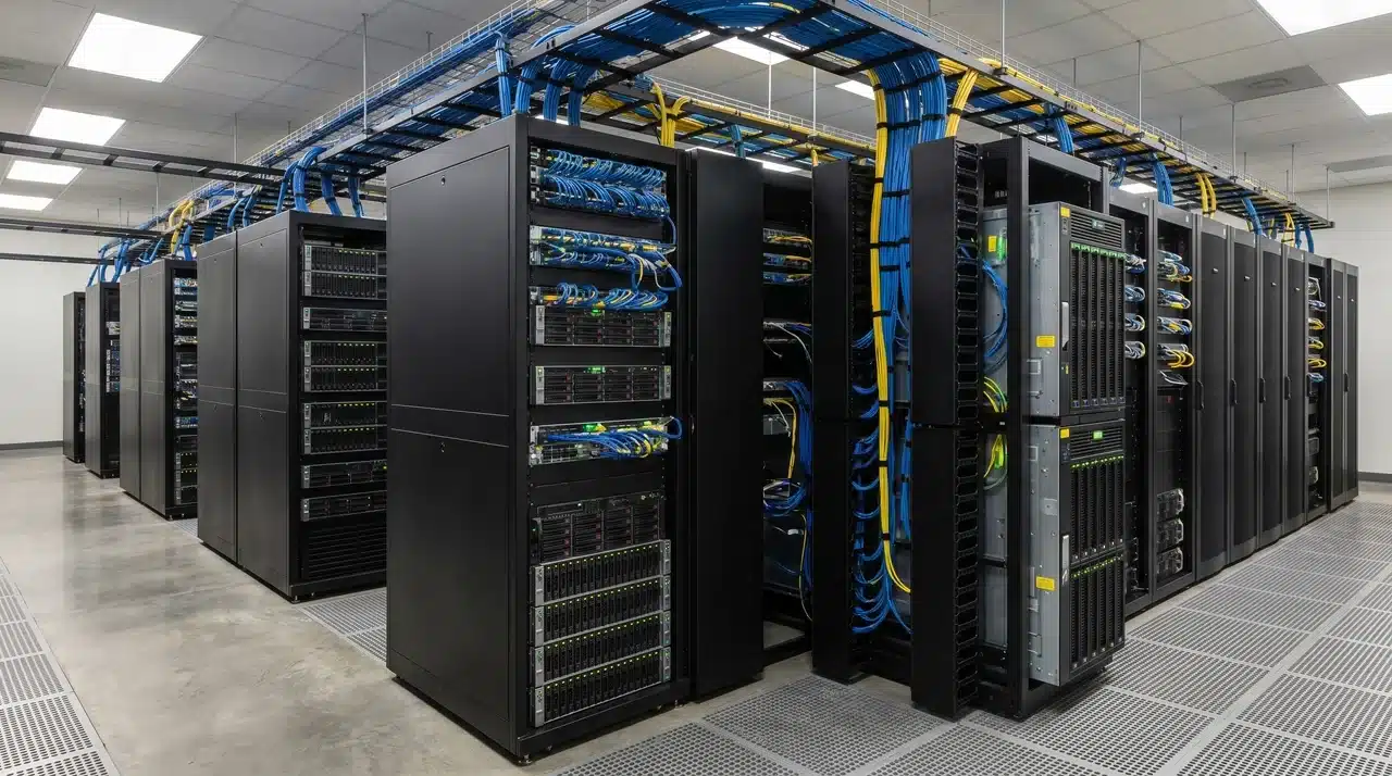 Server racks with active indicator lights inside a financial data center, connected by structured cable management systems