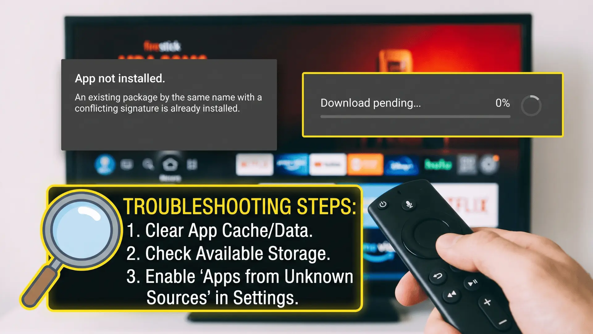 Firestick showing Kodi home screen with empty media library, icons for adding sources, and preconfigured build options like Xenon highlighted.