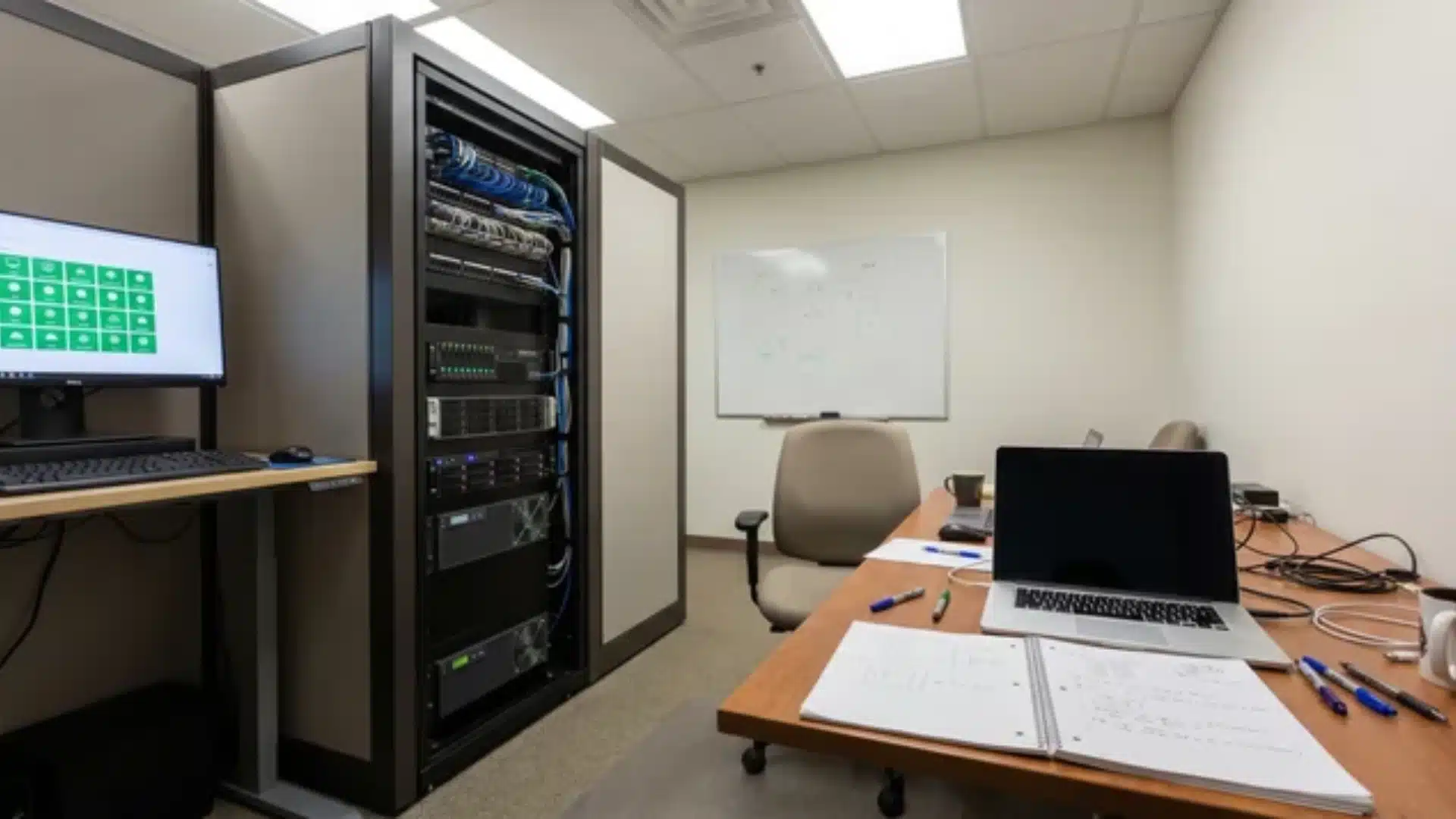 QA workspace split between server rack setup and desk with notebook and laptop