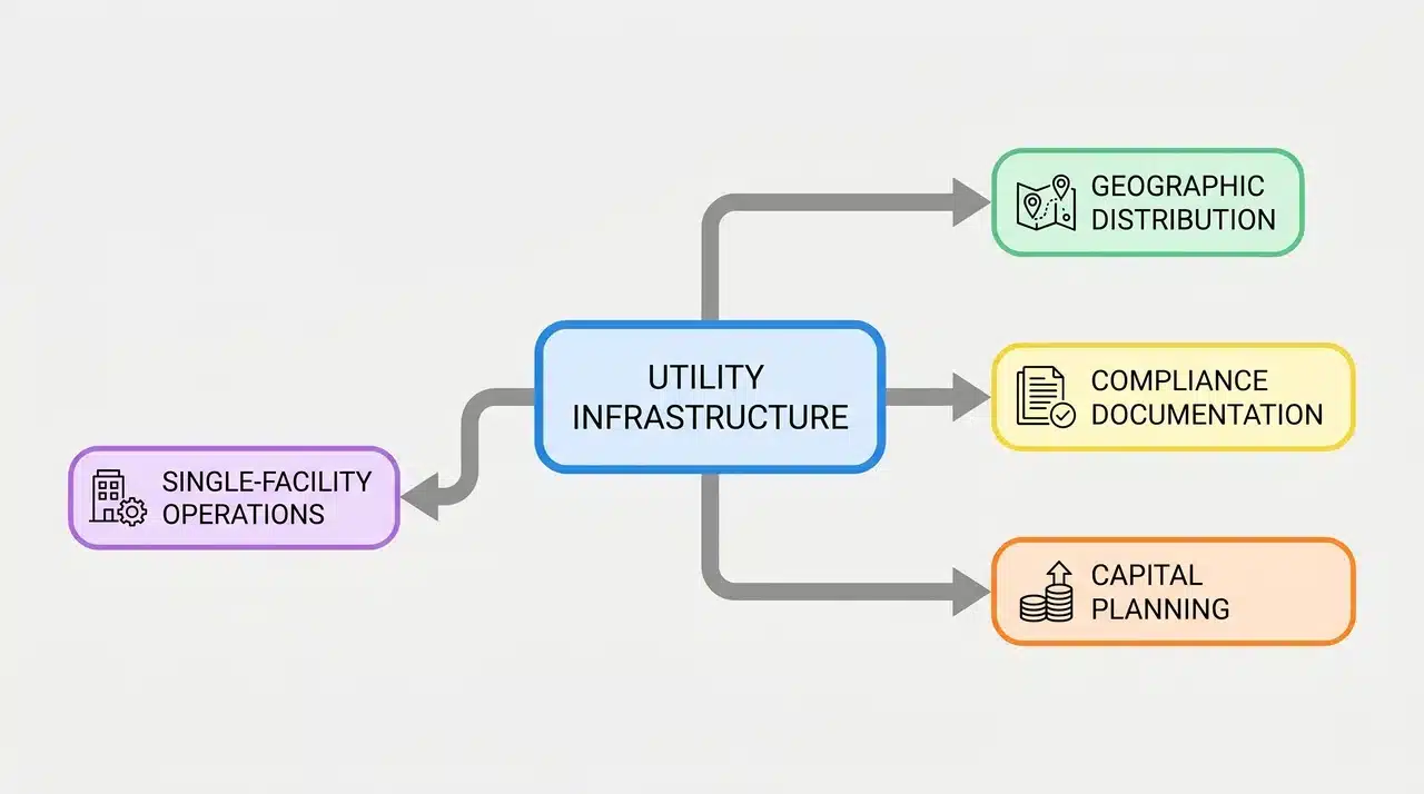 Branch diagram from a central utility node splitting into three decision paths and one smaller exception path