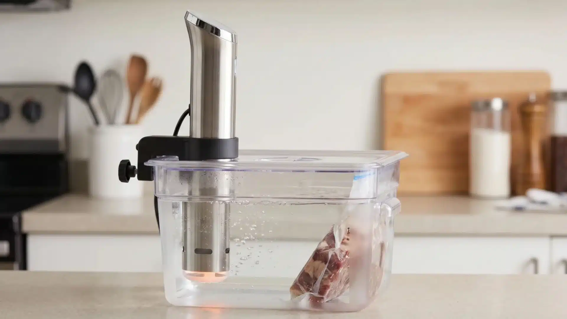 sous vide immersion circulator in water bath container for cooking