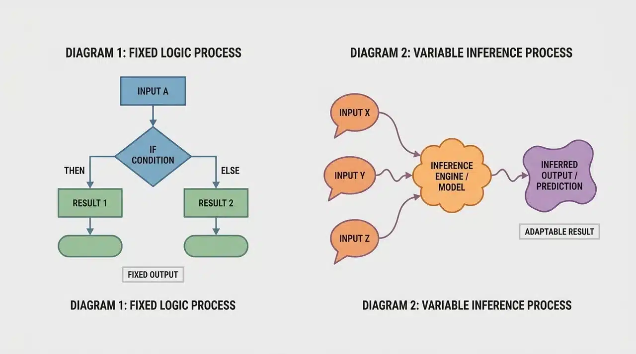 Two parallel diagrams contrasting fixed conditional logic with variable input and inferred output paths.