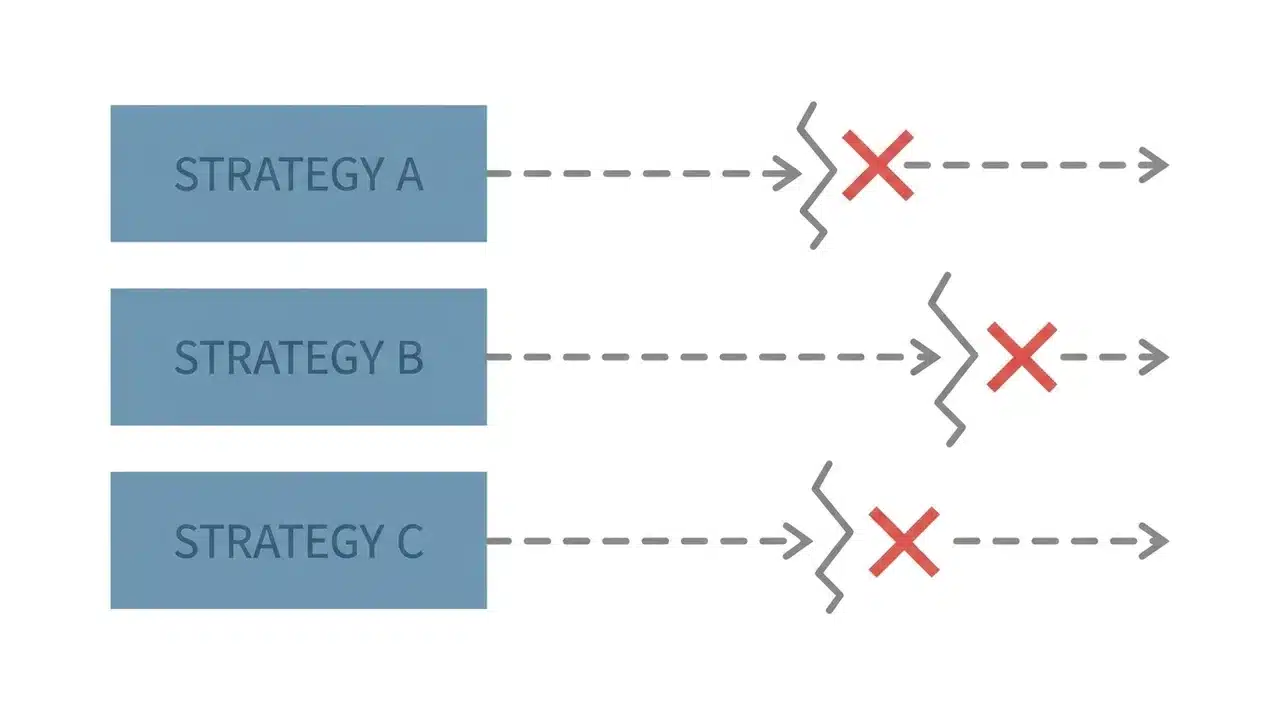 Three labeled strategy blocks with break markers on output paths indicating breakdown points