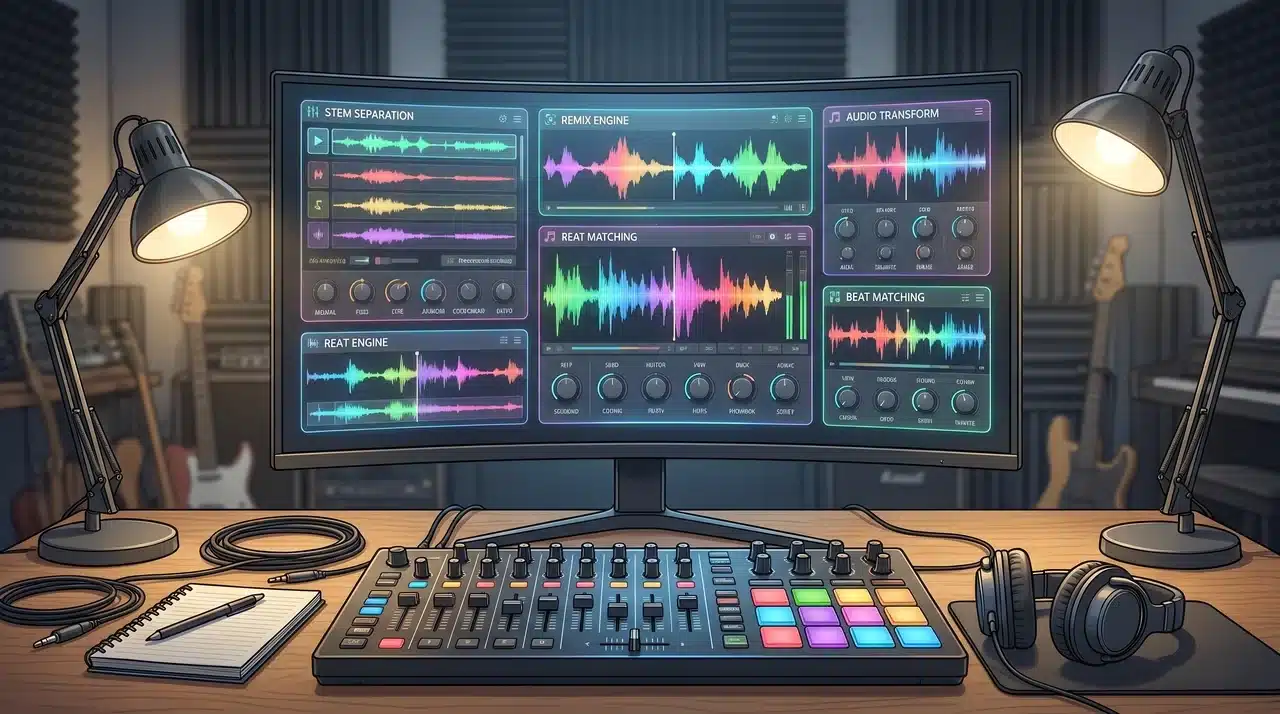 Various AI remixing tools used for music editing and song transformation.