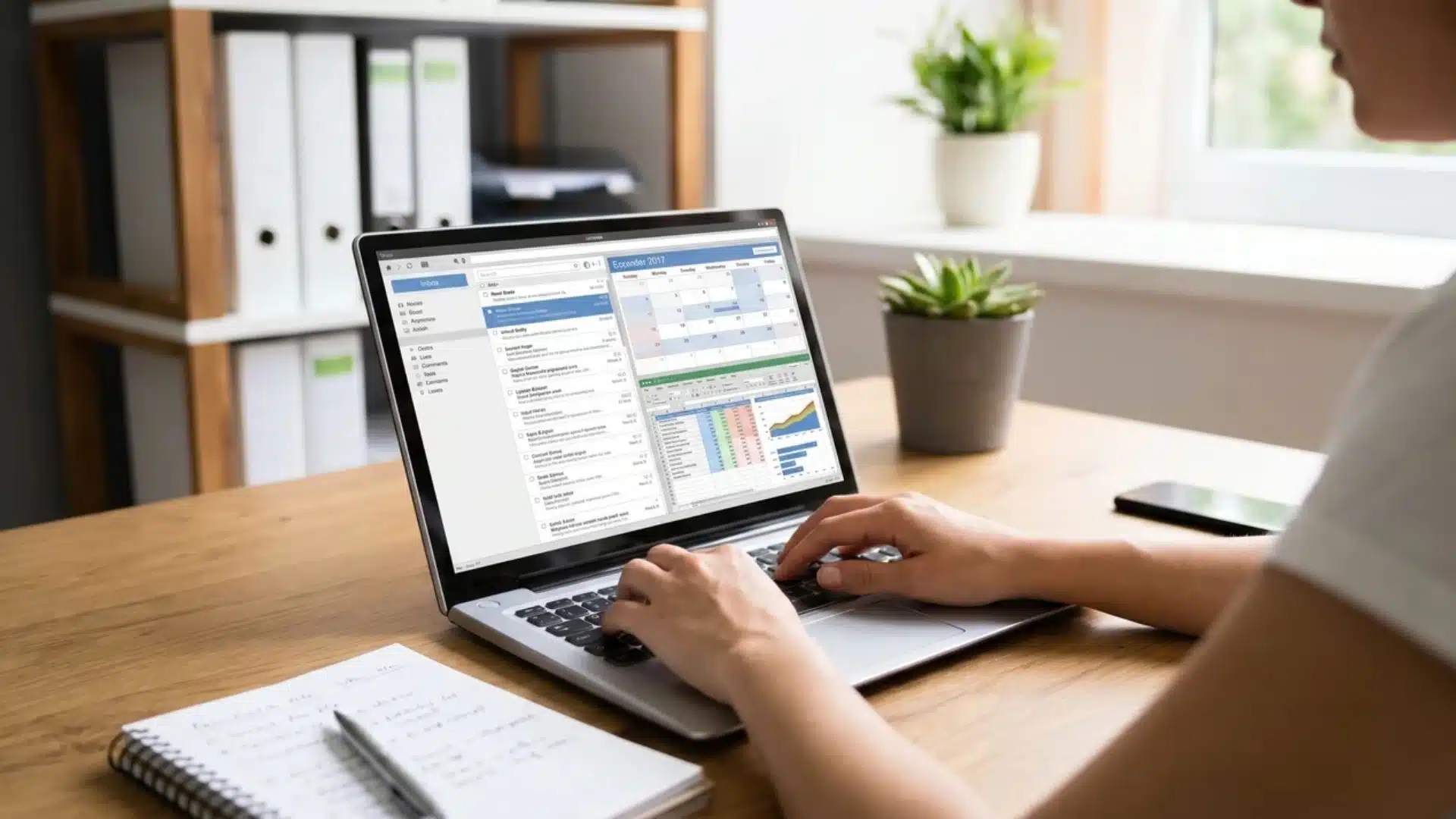 a virtual assistant working remotely on generalist and specialist tasks at a laptop in a modern home office