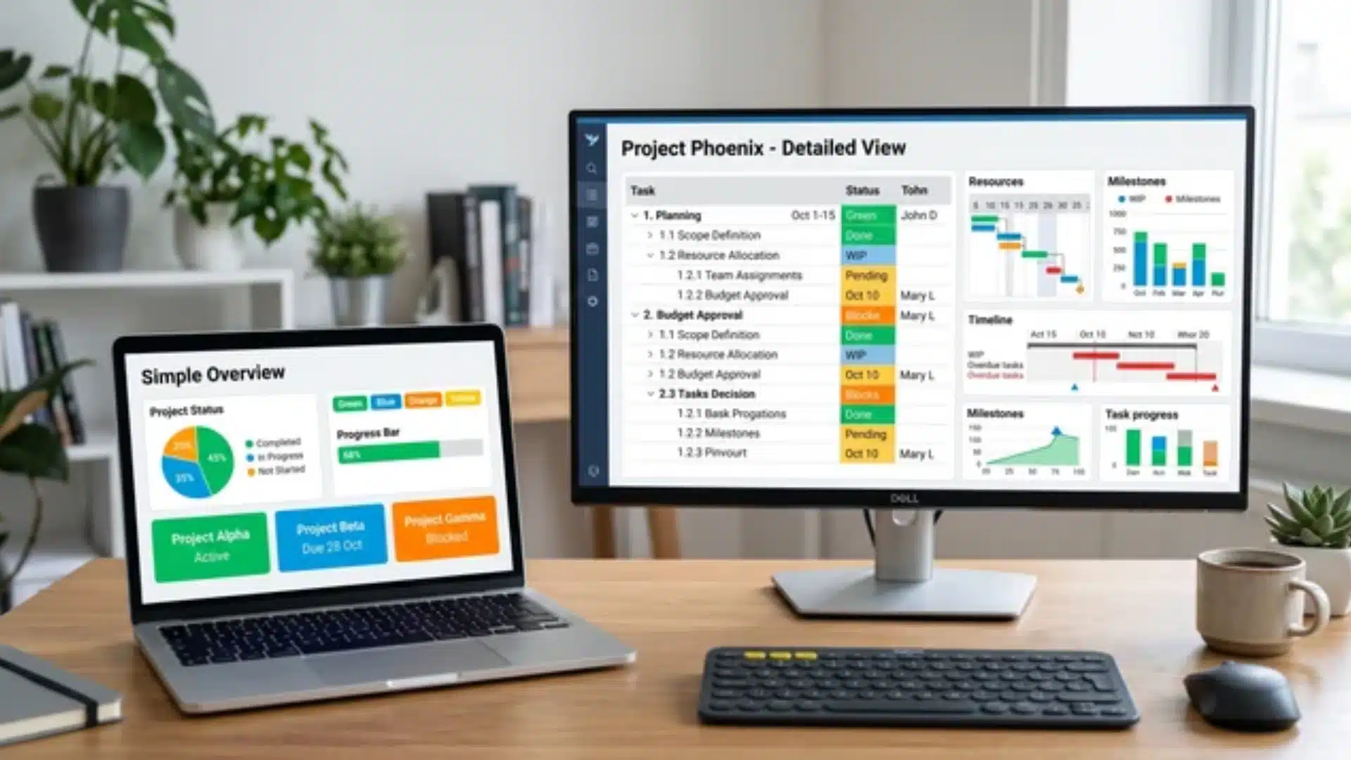 Office desk with two screens showing clear, readable simple and complex project management dashboards