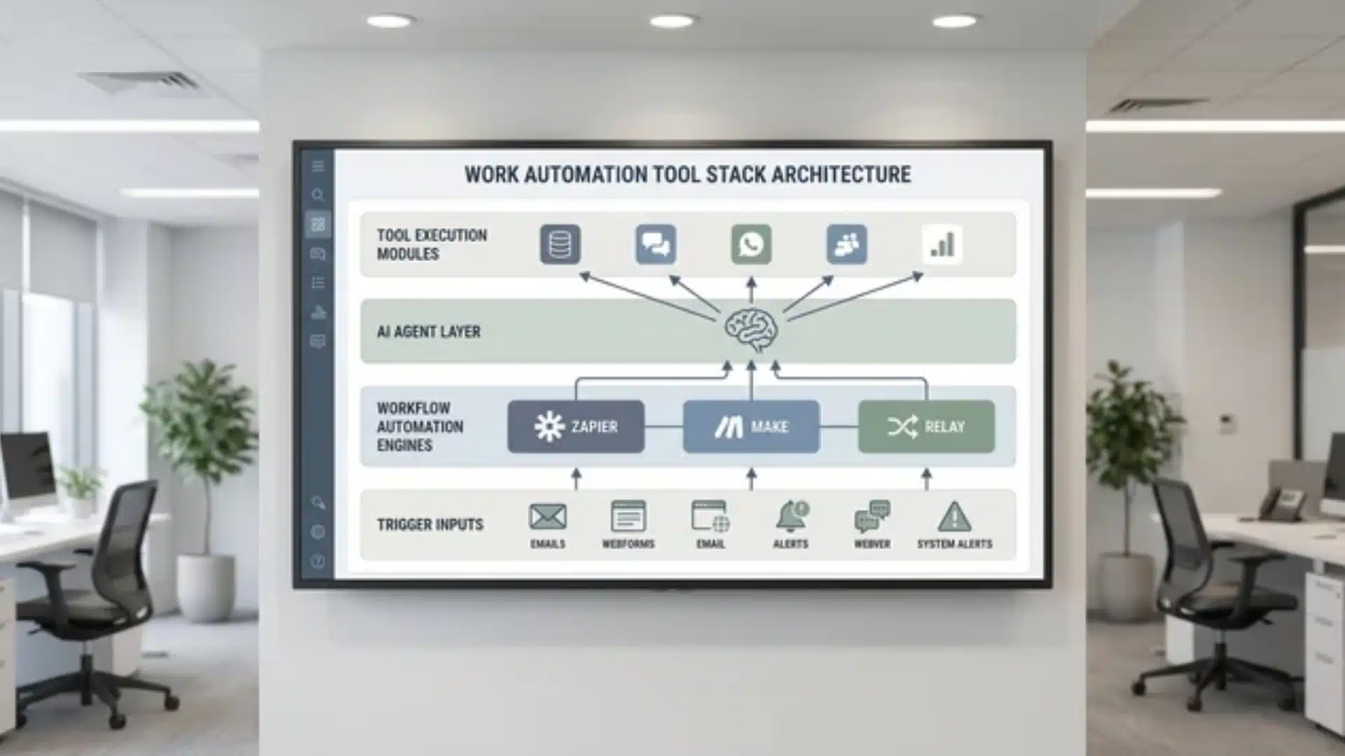 Automation stack dashboard showing workflow tools and AI agent layer connected through trigger and action pipeline