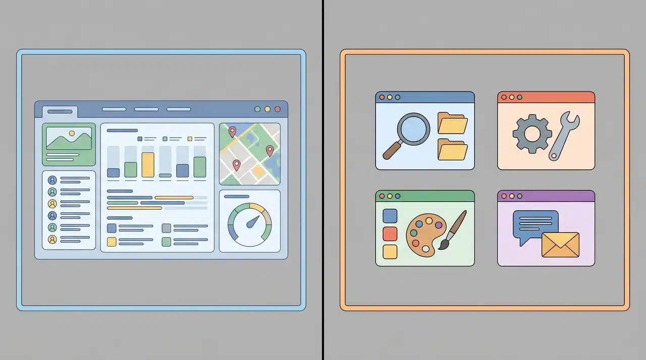 Split illustration showing a single unified dashboard on the left and four separate tool windows on the right against a grey background