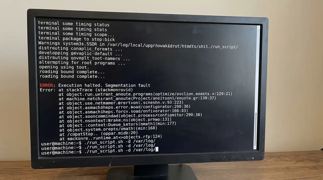 Computer monitor showing terminal window with error output and blinking cursor