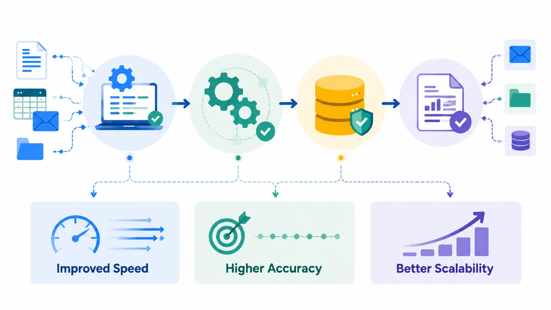 Digital workflow pipeline showing automated task flow across sequential stages