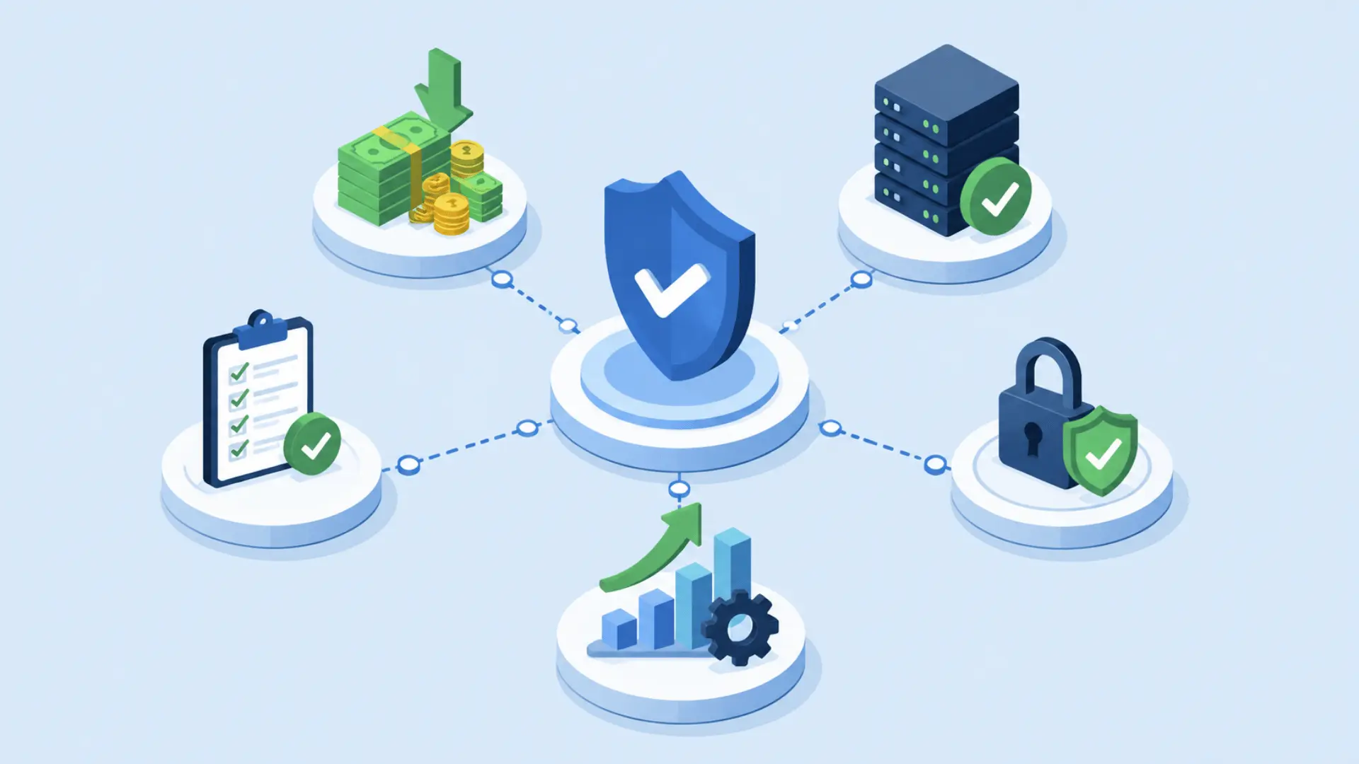 icons representing reliability, compliance, risk reduction, and stability outcomes