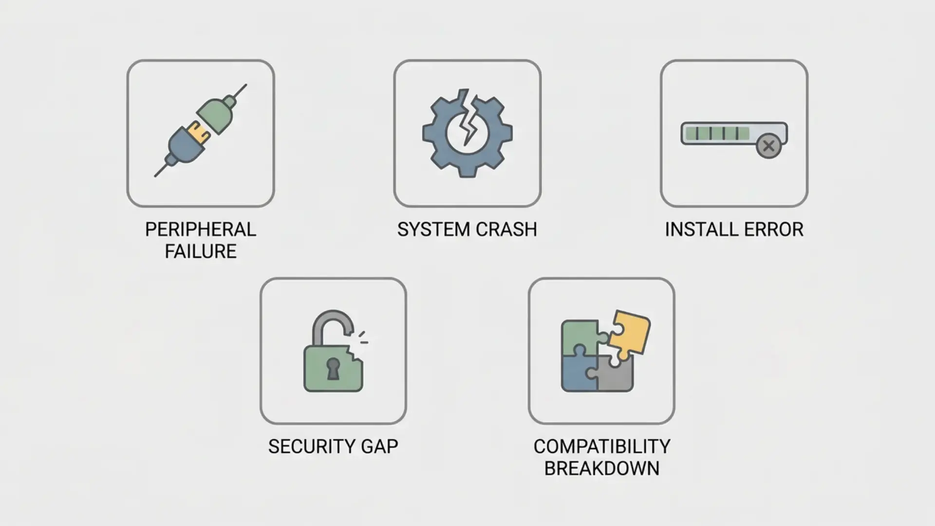 Grid diagram of five labeled system software failure states arranged as discrete nodes on a neutral background