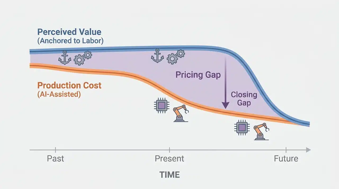 Diagram illustrating pricing gap between AI production cost and buyer expectations over time