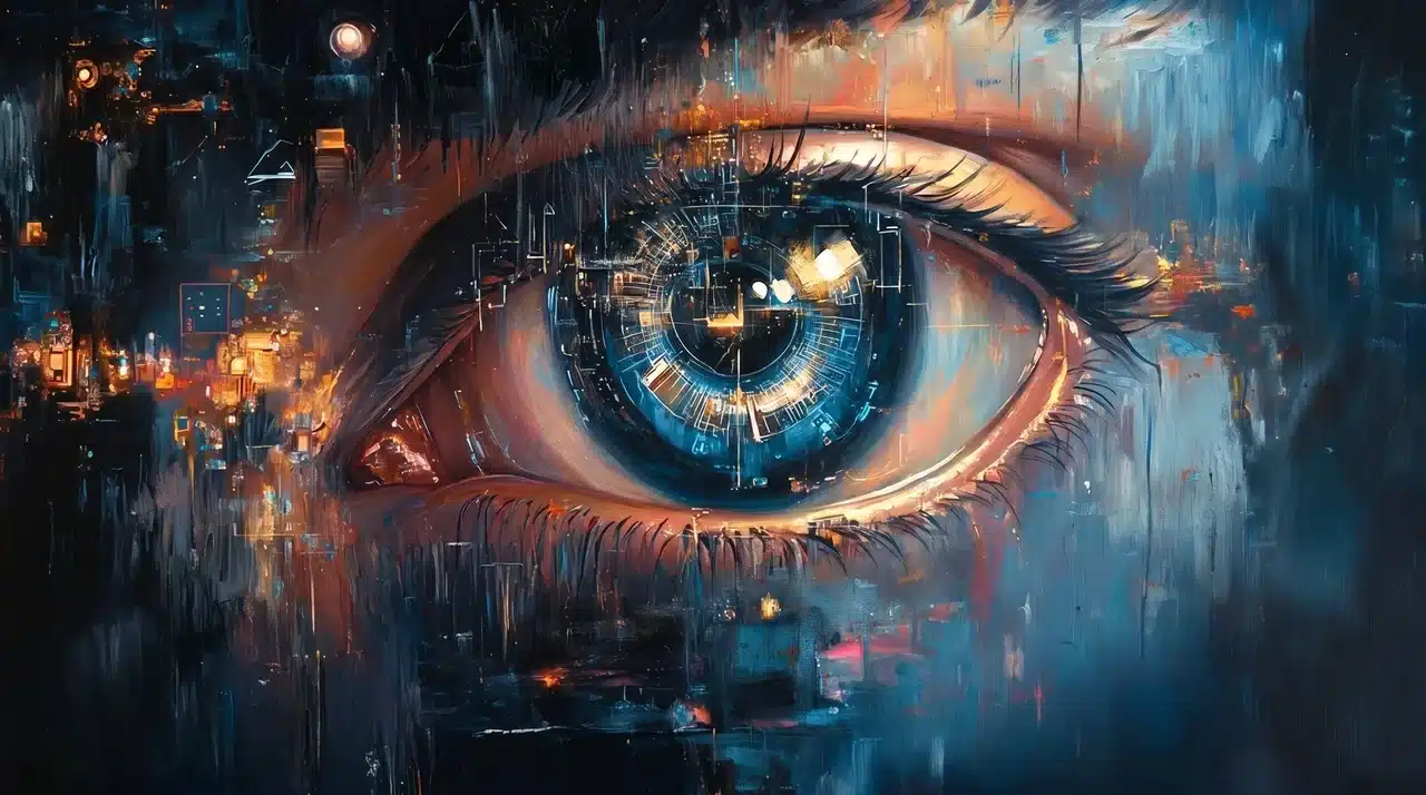 A close-up oil painting of a human eye with a glowing blue mechanical circuit board iris, painted in deep blue and amber tones with expressive brushstrokes.