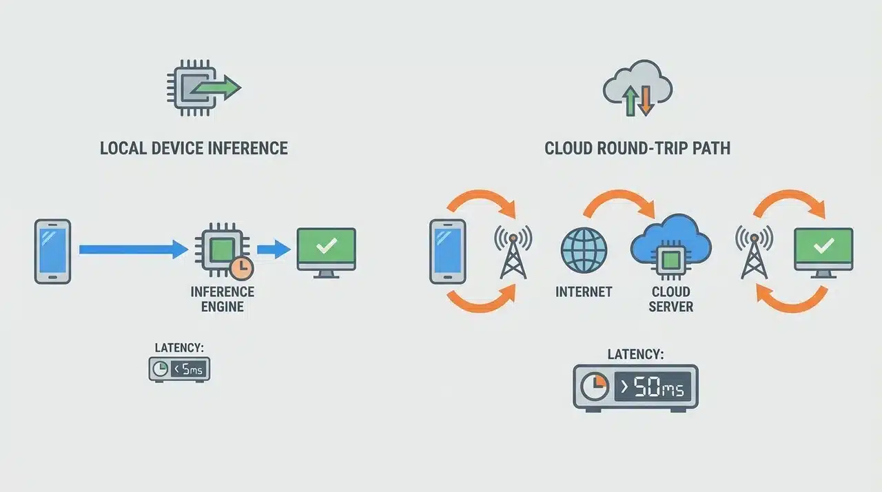 Two signal path diagrams comparing short local inference route and longer cloud round-trip route.