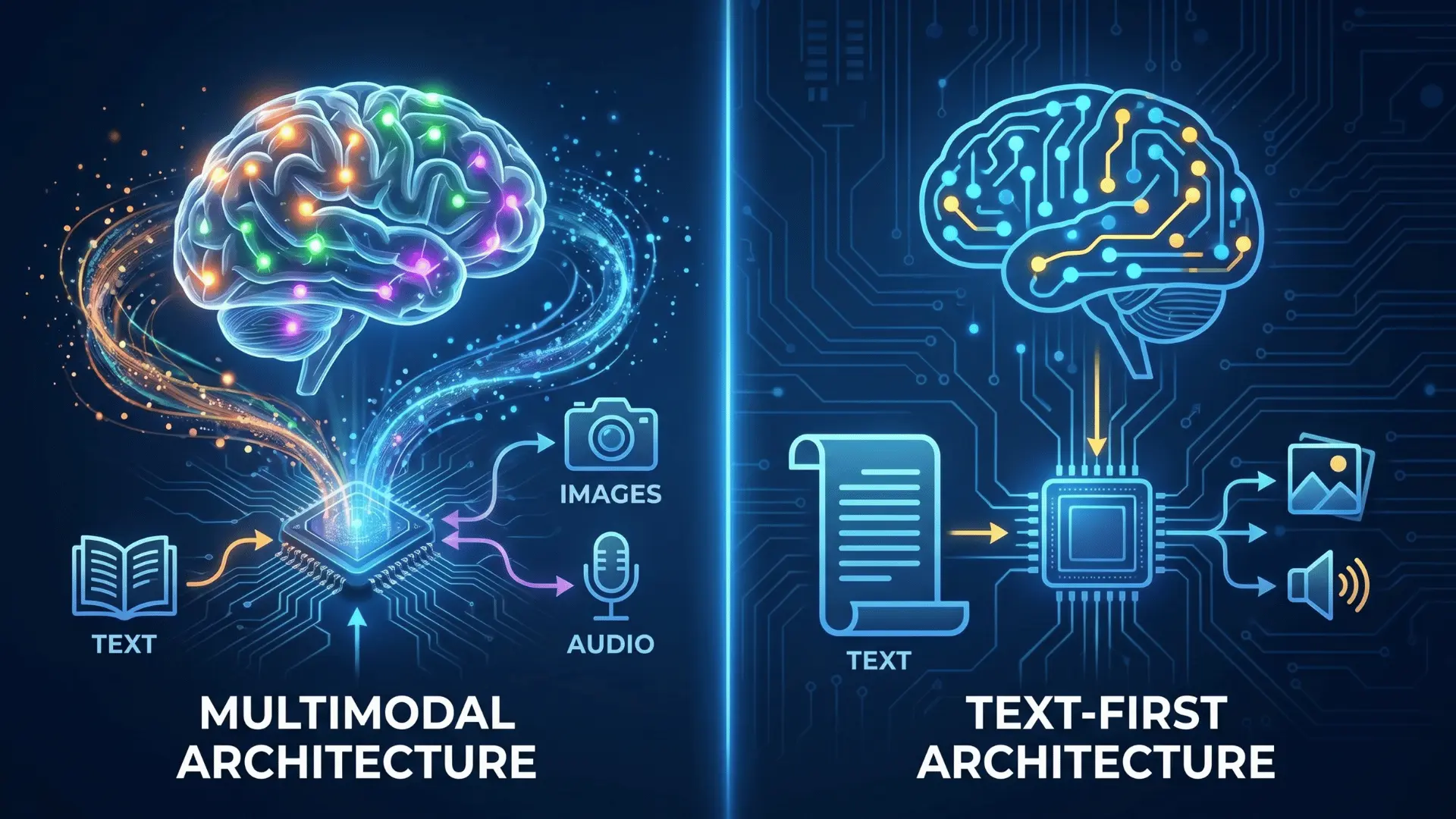 Two AI brains showing different input processing: multimodal vs text-first