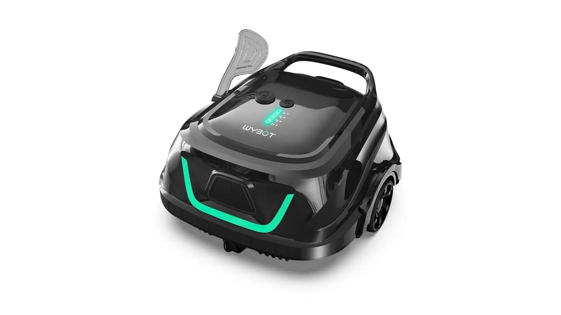 Compact robotic pool cleaning device with streamlined body and LED status indicators designed for automated pool floor maintenance