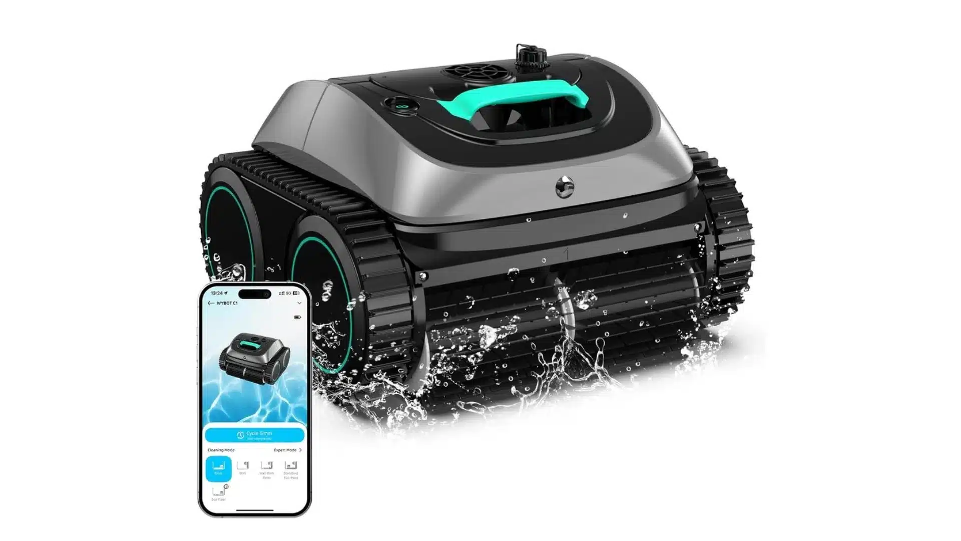 Autonomous robotic pool cleaner with tracked wheels and teal-accented top housing navigating underwater pool surface cleaning debris