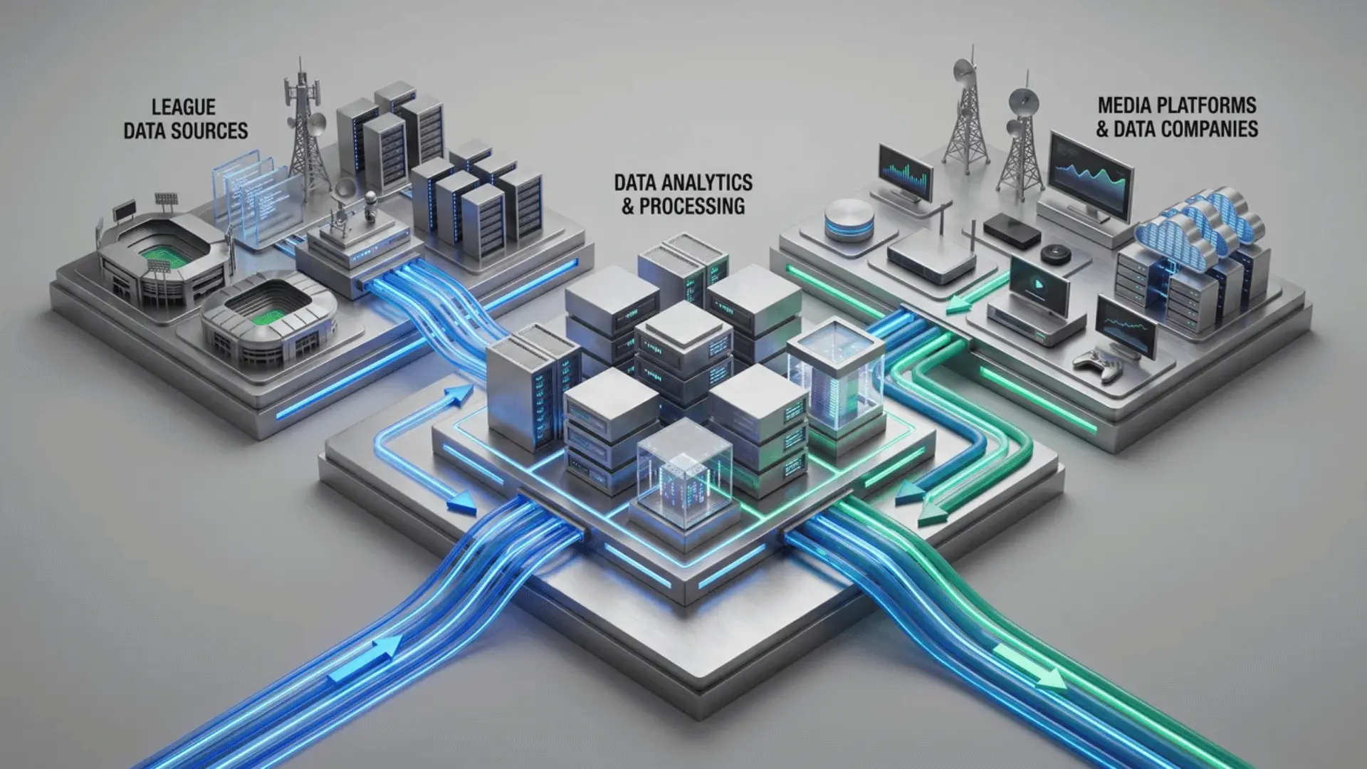 Diagram showing sports data flow between leagues, analytics systems, and media platforms
