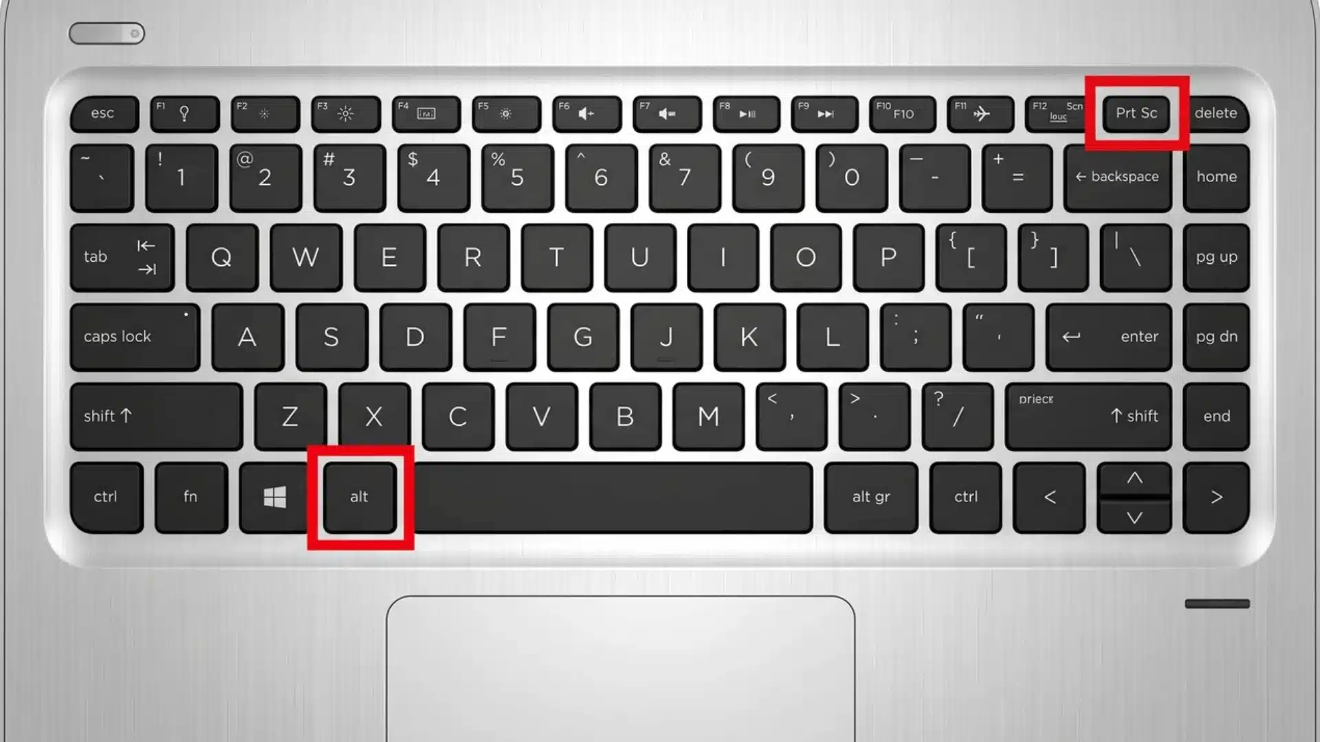Keyboard with Alt and Prt Sc keys highlighted for active window screenshot shortcut.