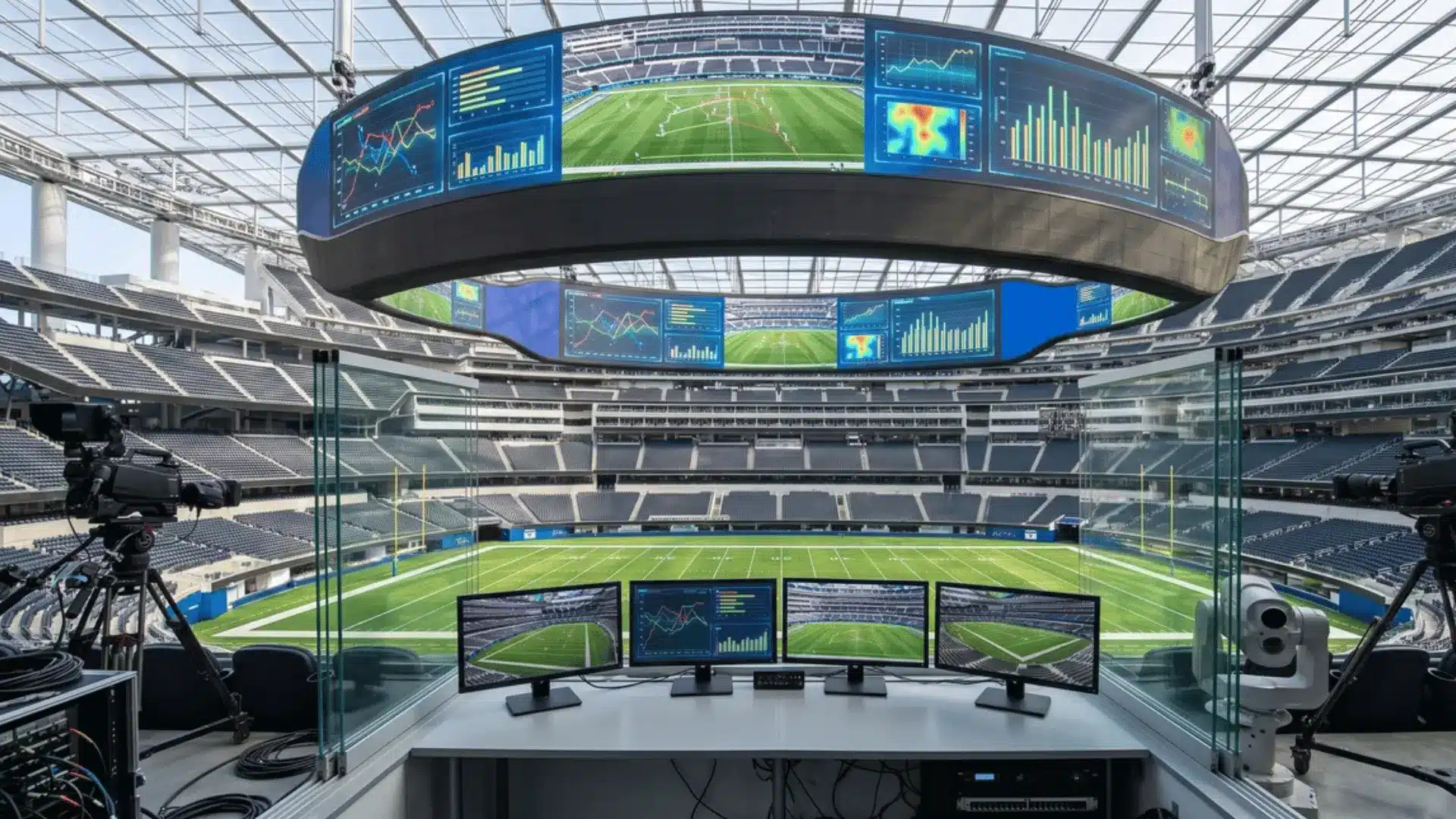 Stadium with large LED displays and broadcast graphics technology