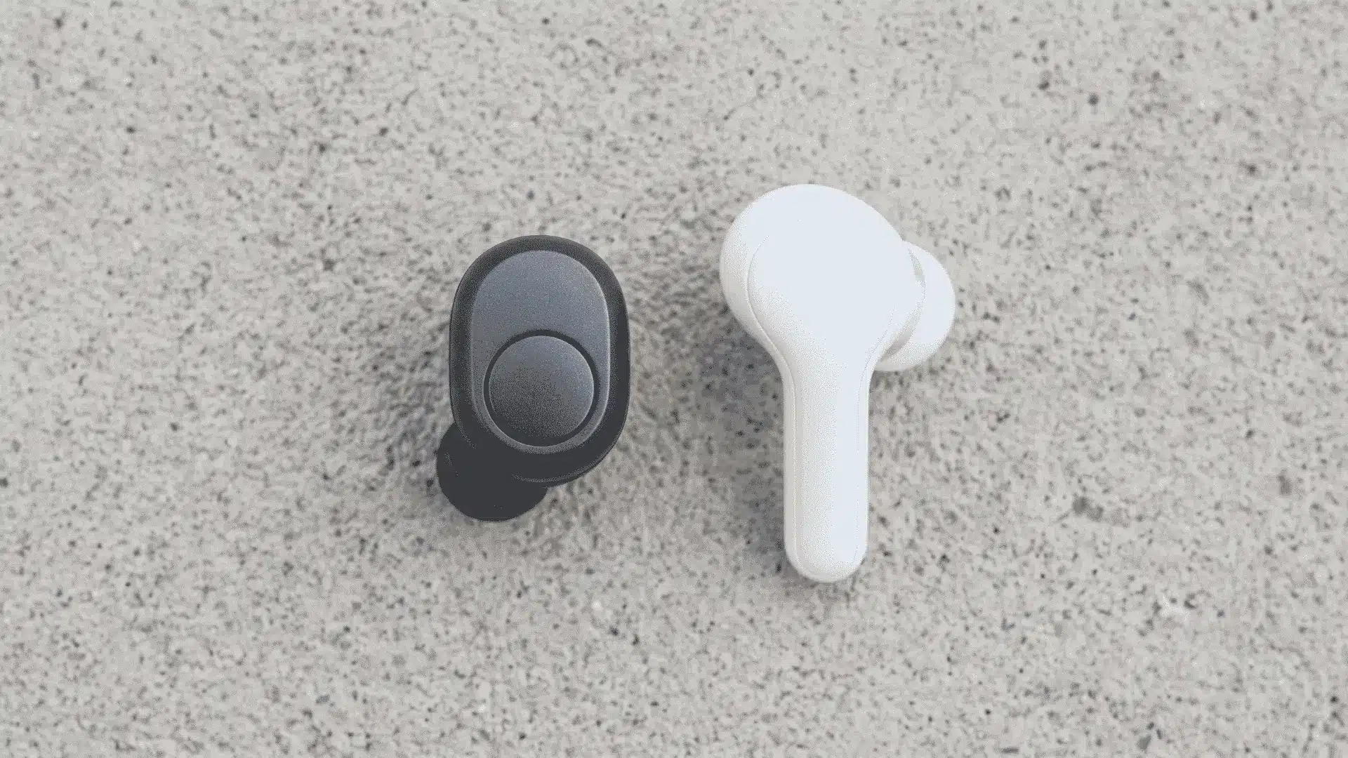 Stem-less earbud with press button next to stemmed earbud with touch controls