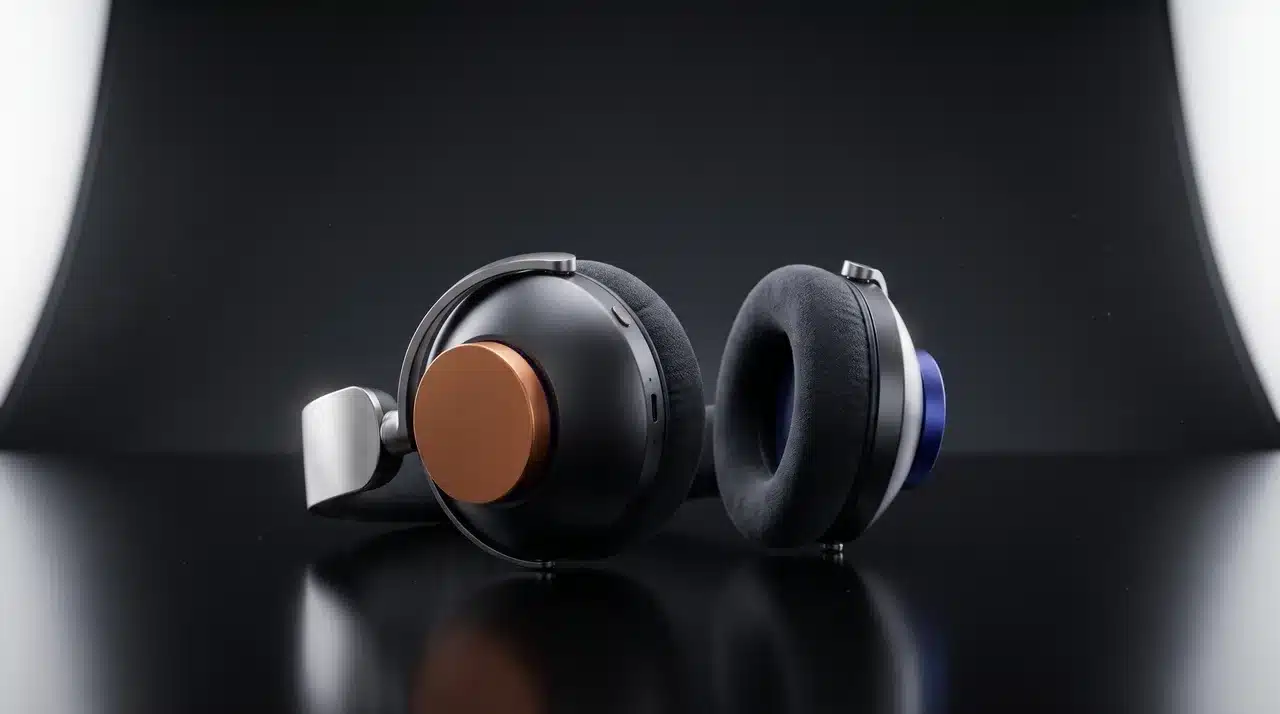 Dyson OnTrac headphones resting on a book on a wooden desk next to a coffee cup and a small plant.