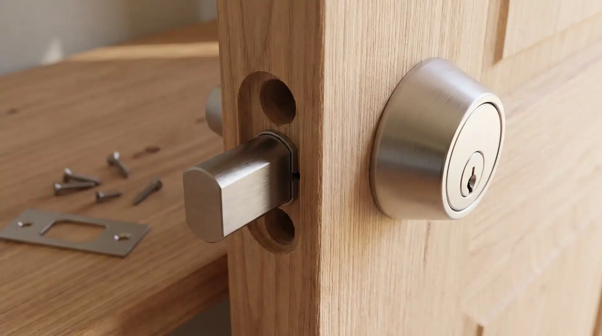 Deadbolt latch being inserted into a door edge bore hole during installation