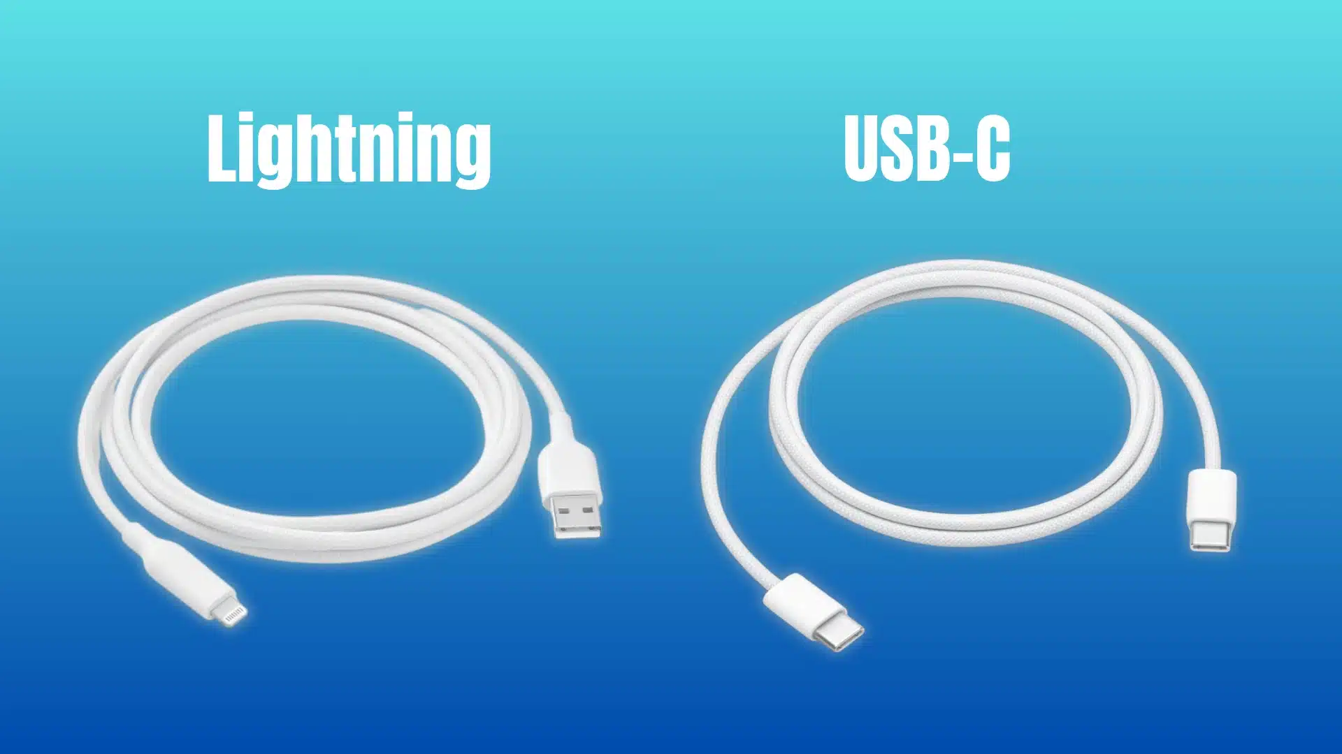 Lightning and USB-C cables shown side by side and labeled on a blue gradient background.