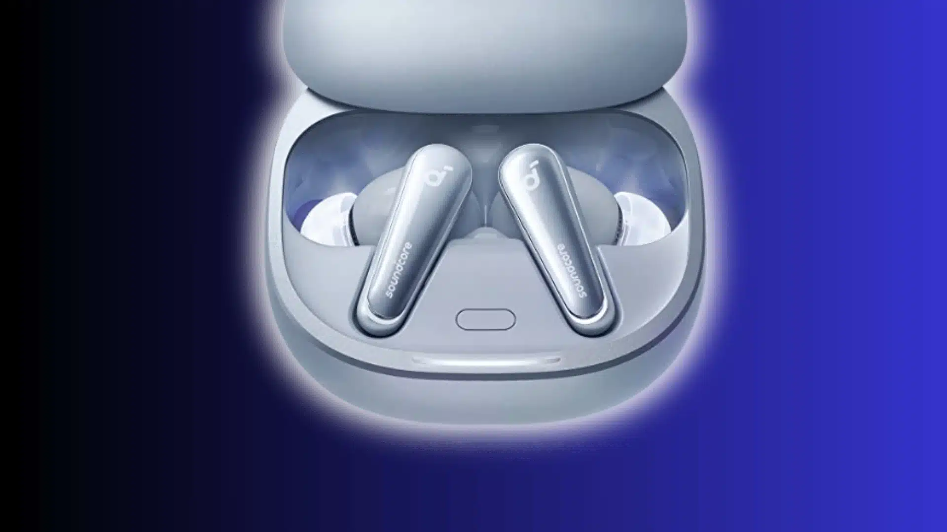 Light blue Soundcore Liberty 4 earbuds resting in an open charging case.